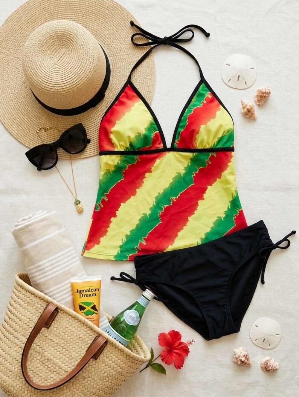 InGear Jamaica Red Yellow Green Black 3-piece Bikini Tankini Swimsuit